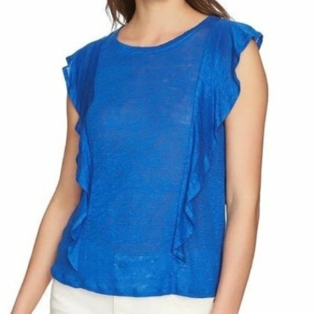 NEW NWT 1.STATE Ruffle Linen Top Blue Short Sleeve Cap Sleeve 100% LINEN Summer